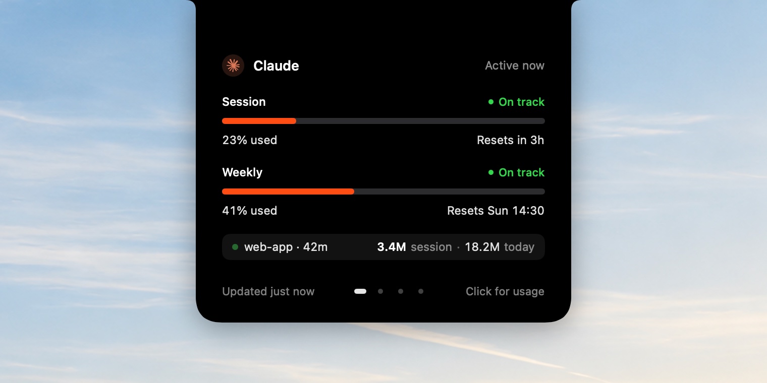 Expanded notch showing Claude session at 23% and weekly at 41%