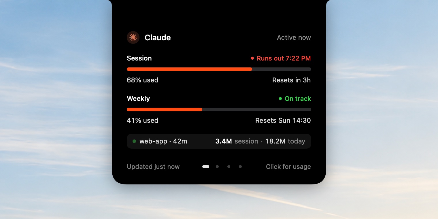 Expanded notch: session 68% used, red label Runs out 7:24 PM