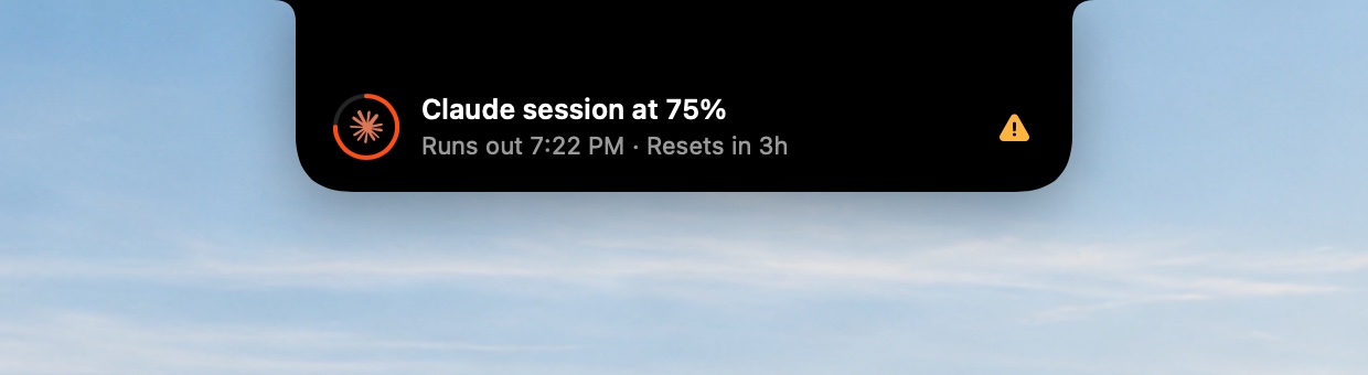 Drop-down alert: Claude session at 75%, runs out 7:22 PM